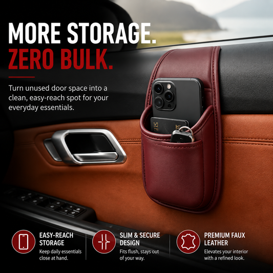 📱 Slim Car Phone Storage Pocket – Peel & Stick Faux Leather Organizer