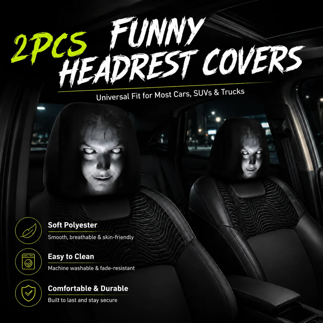 Funny Cartoon Car Headrest Covers – 2PCS Universal Fit
