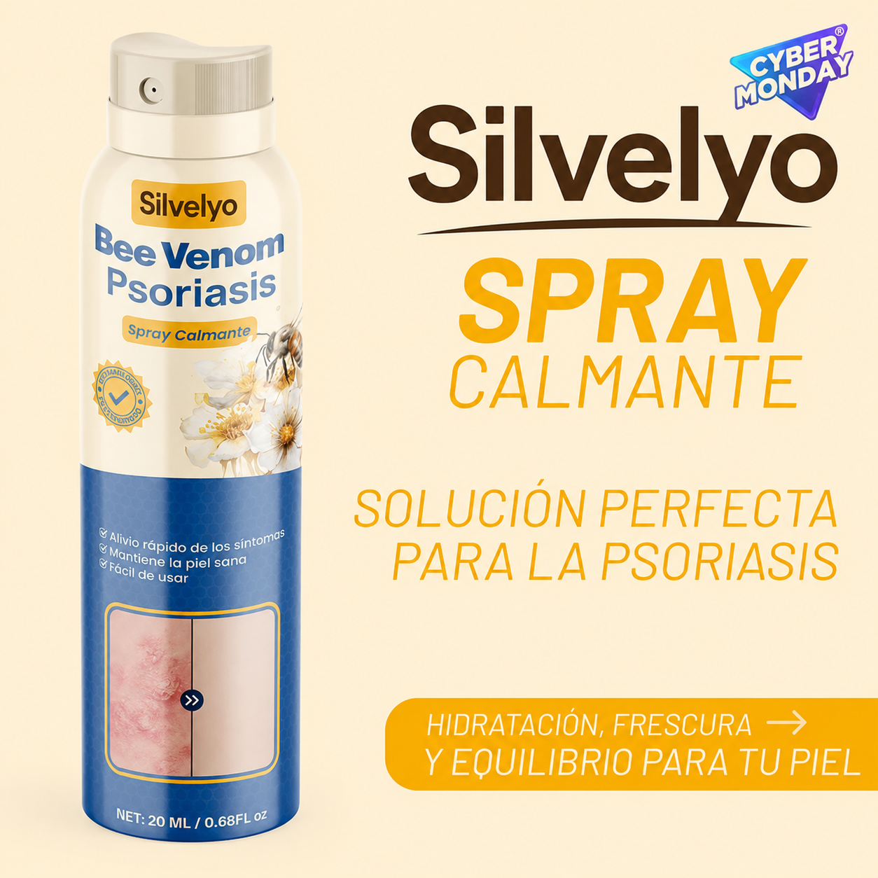 Silvelyo™ Bee Venom Spray 2x1: Alivio inmediato para piel sensible con Psoriasis.
