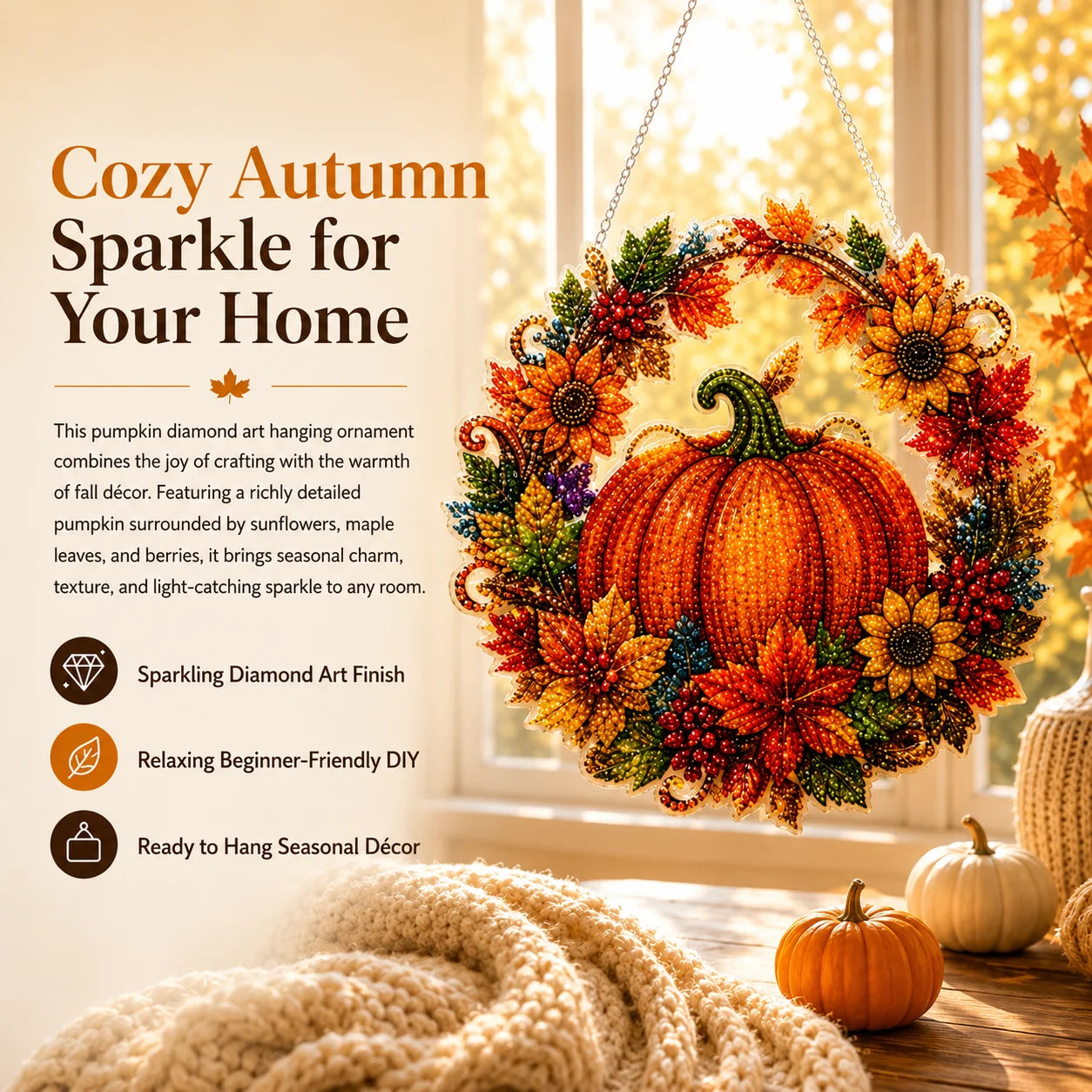 🔥Last Day 49% OFF - 🍂✨Autumn Harvest Pumpkin Diamond Art Hanging Ornament Kit