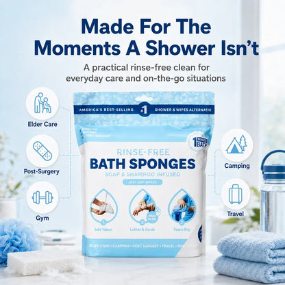 🚿 Rinse-Free Shower Wipes – Soap & Shampoo Infused, pH-Balanced for Elderly, Gym, Camping & Travel